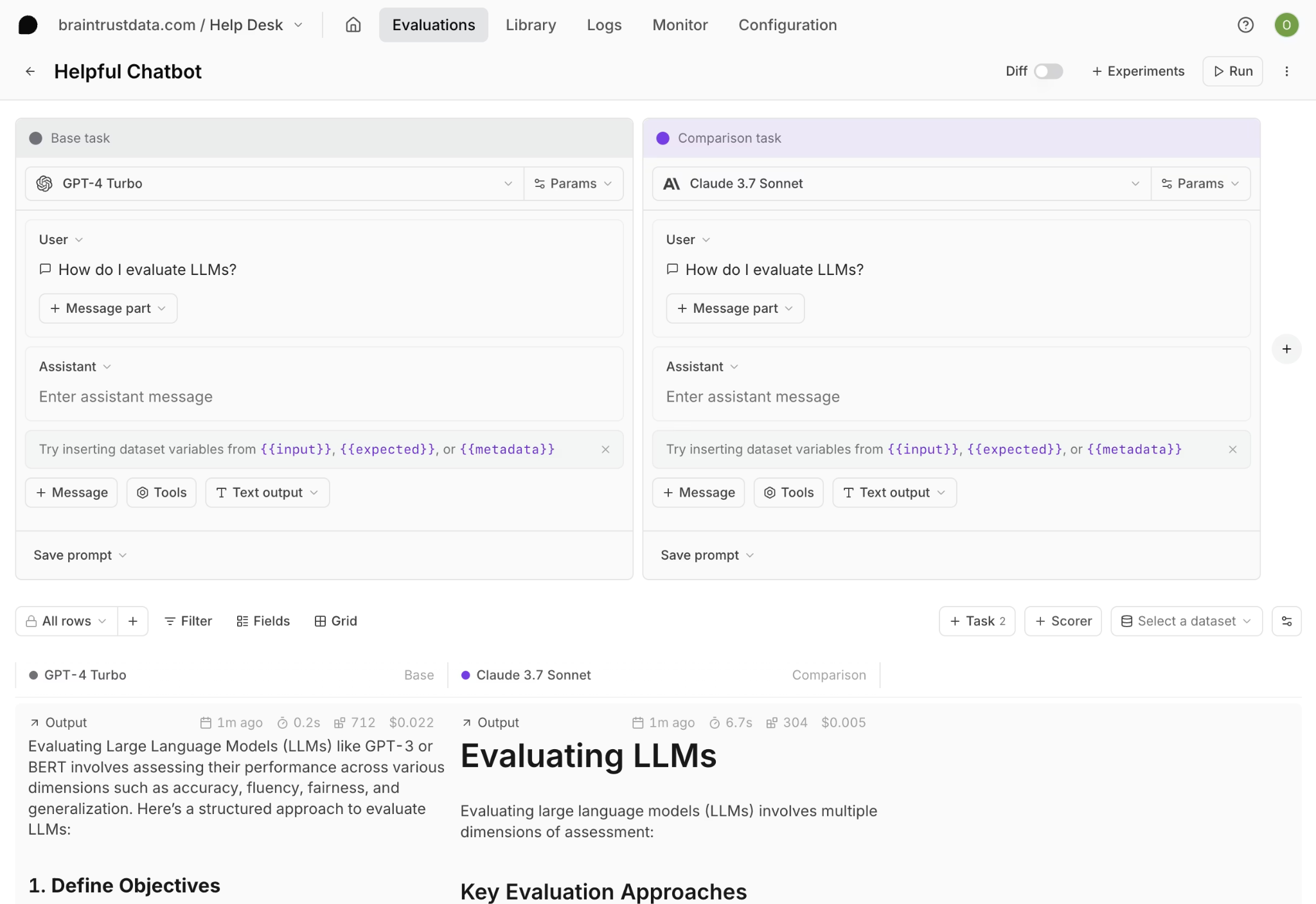 Braintrust Playground comparing two prompt variants side by side with token counts and quality scores