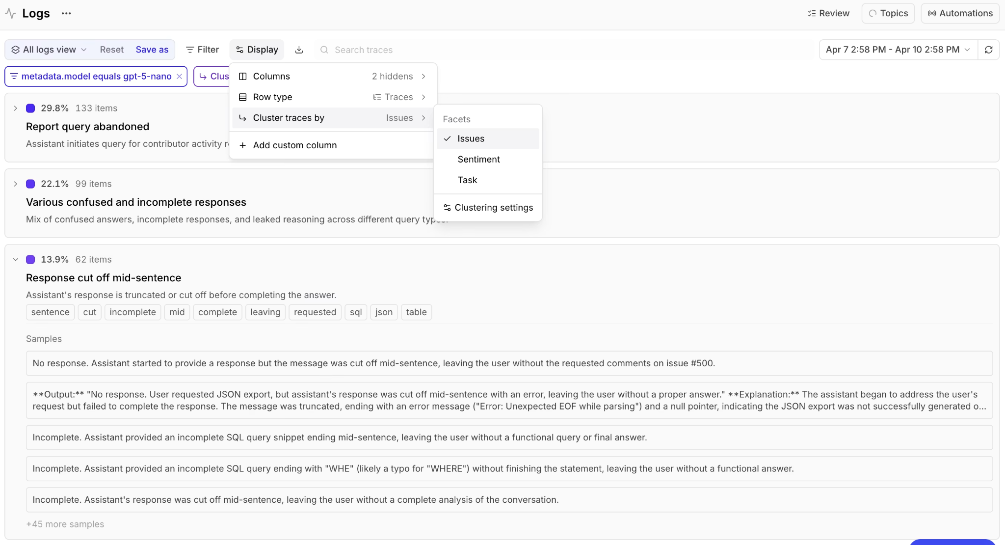 Built-in Task, Sentiment, and Issues facets shown alongside trace rows in the Logs view